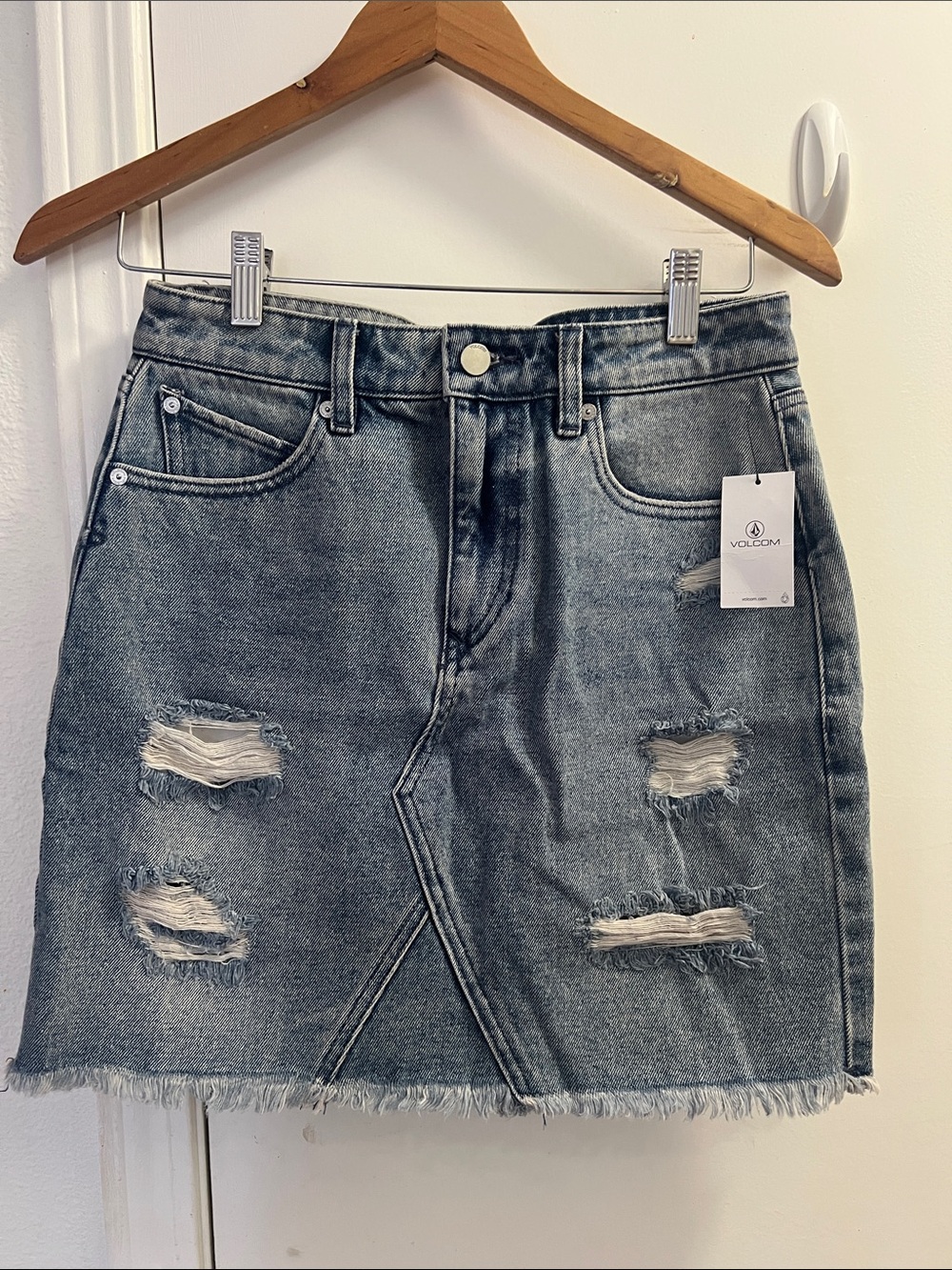 Volcom Distressed Washed Blue Denim High Rise Mini Skirt